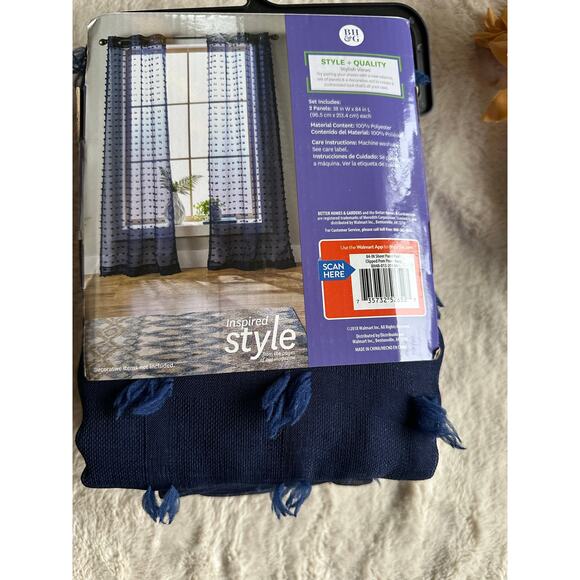 Better Homes and Gardens 84 in. Sheer Navy Window Panels Pom Pom - Picture 3 of 4